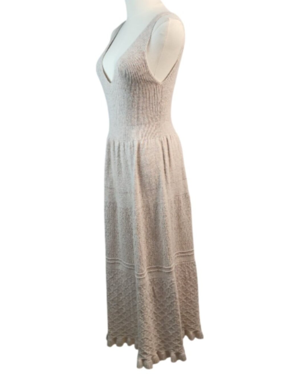 La Vie Medium Beige Cotton Knit Midi Dress RTR Ribbed Bodice Scallop Hem Party - Picture 5 of 15